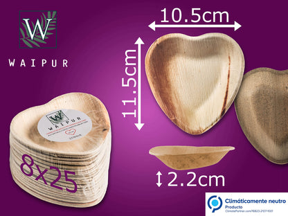 Waipur Platos Hoja de Palma Orgánicos - 25 Platos Desechables en Forma de Corazón - 10 cm - Vajilla Ecológica Premium, Estable, Natural y Biodegradable - Platos Cocktail Elegantes