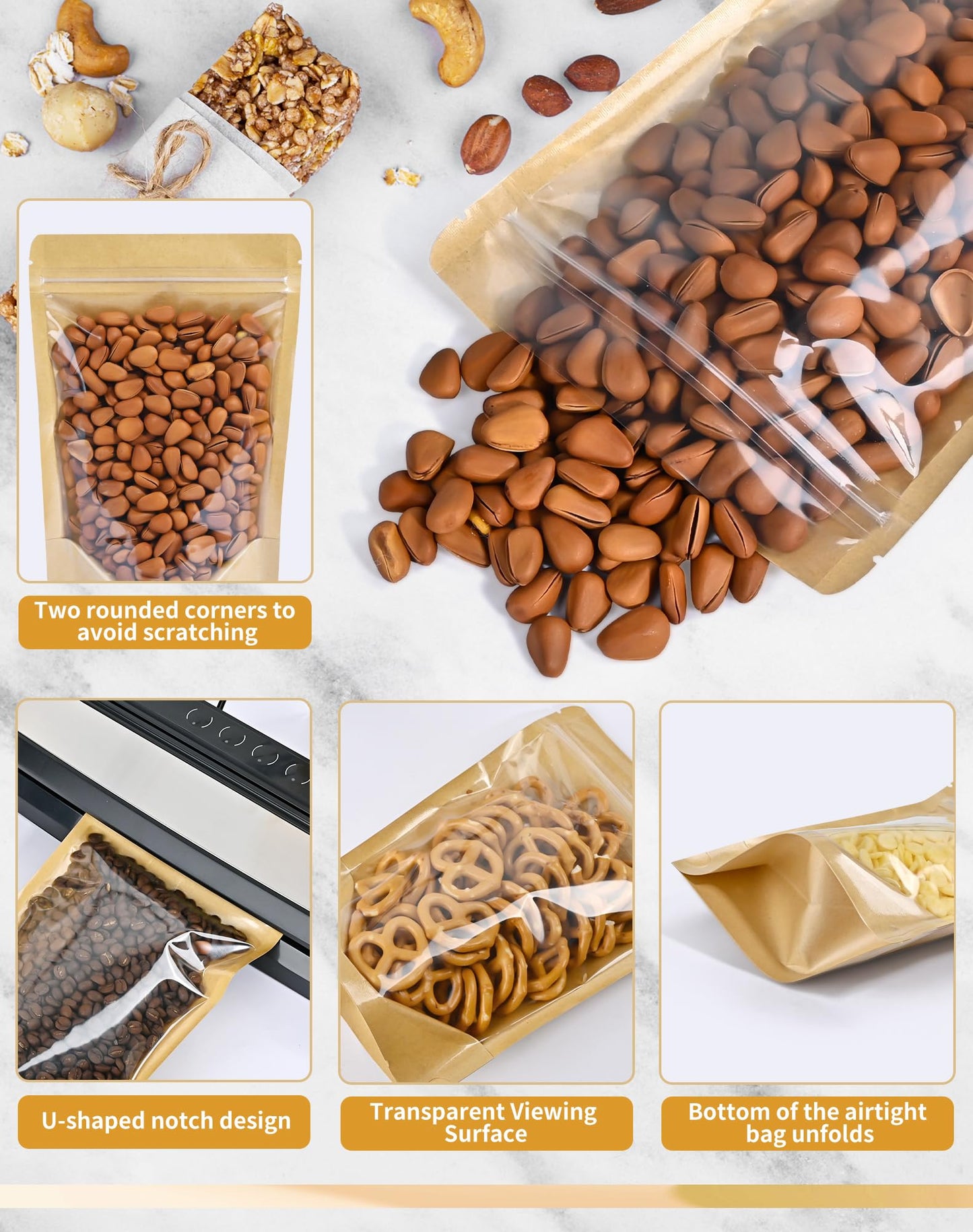 FireKylin 100 PCS Stand Up Pouches,3.5"x5.5" Kraft Bags With Window Clear Fornt Pouches Resealable Zip Lock Food Storage Brown