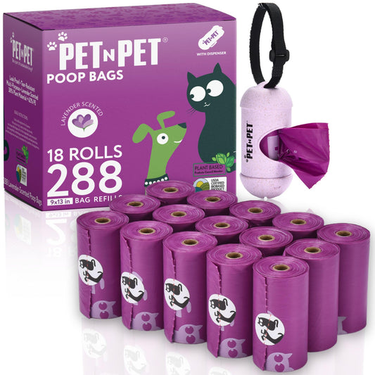 Pet N Pet Poop Bags for Dogs, 288 Counts Lavender Scented Dog Poop Bags Rolls with Leash Dispenser, USDA Certified 38% Plant Based & 62% PE Dogs Waste Bag, Doggie Poo Bag