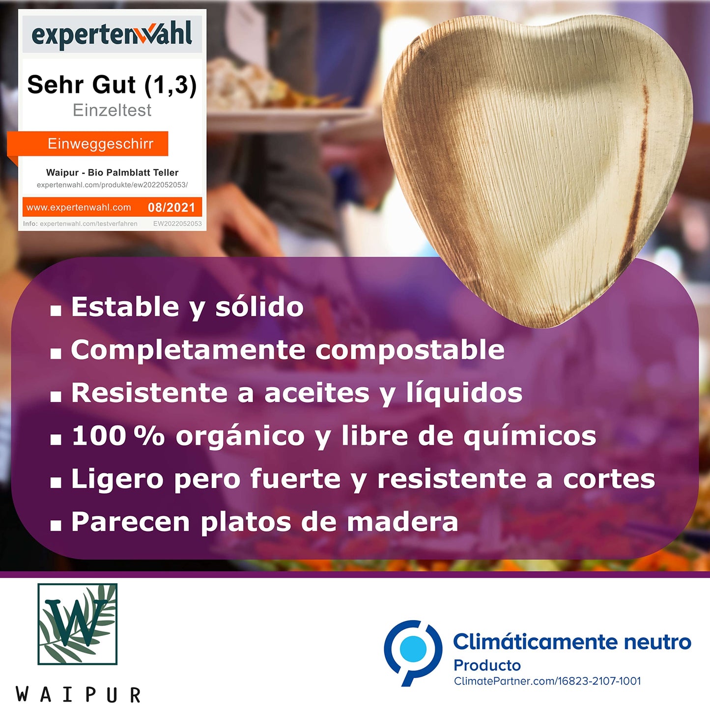 Waipur Platos Hoja de Palma Orgánicos - 25 Platos Desechables en Forma de Corazón - 10 cm - Vajilla Ecológica Premium, Estable, Natural y Biodegradable - Platos Cocktail Elegantes