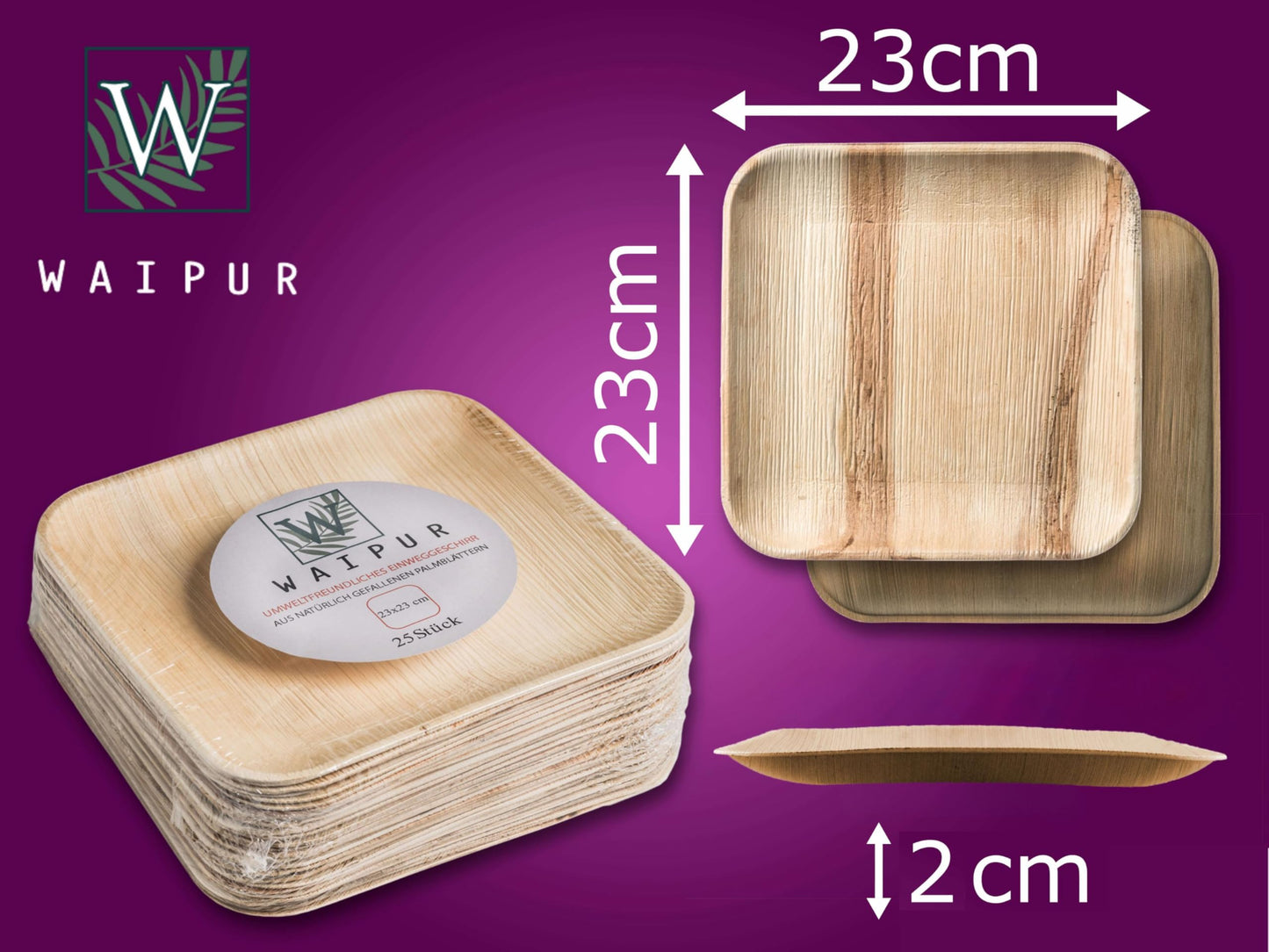 Waipur Platos Hoja de Palma Orgánicos - 25 Platos Desechables Cuadrados 25x25 cm -