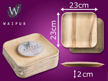 Waipur Platos Hoja de Palma Orgánicos - 25 Platos Desechables Cuadrados 25x25 cm -