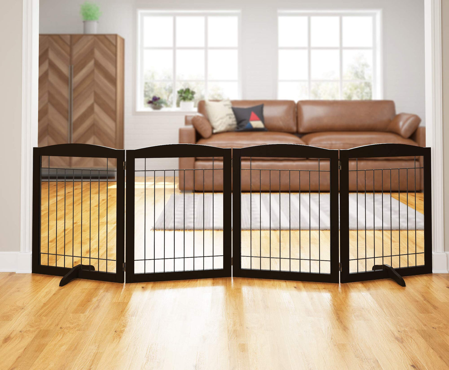PAWLAND 144-inch Extra Wide 30-inches Tall Dog gate with Door Walk Through, Freestanding Wire Pet Gate for The House, Doorway, Stairs, Pet Puppy Safety Fence, Support Feet Included, Espresso,6 Panels