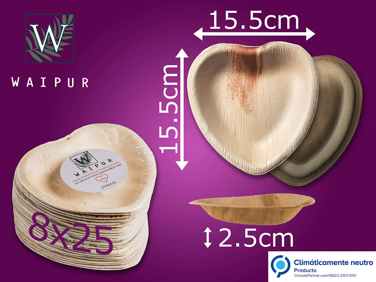 Waipur Platos Hoja de Palma Orgánicos - 25 Platos Desechables en Forma de Corazón - 10 cm - Vajilla Ecológica Premium, Estable, Natural y Biodegradable - Platos Cocktail Elegantes