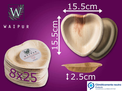 Waipur Platos Hoja de Palma Orgánicos - 25 Platos Desechables en Forma de Corazón - 10 cm - Vajilla Ecológica Premium, Estable, Natural y Biodegradable - Platos Cocktail Elegantes