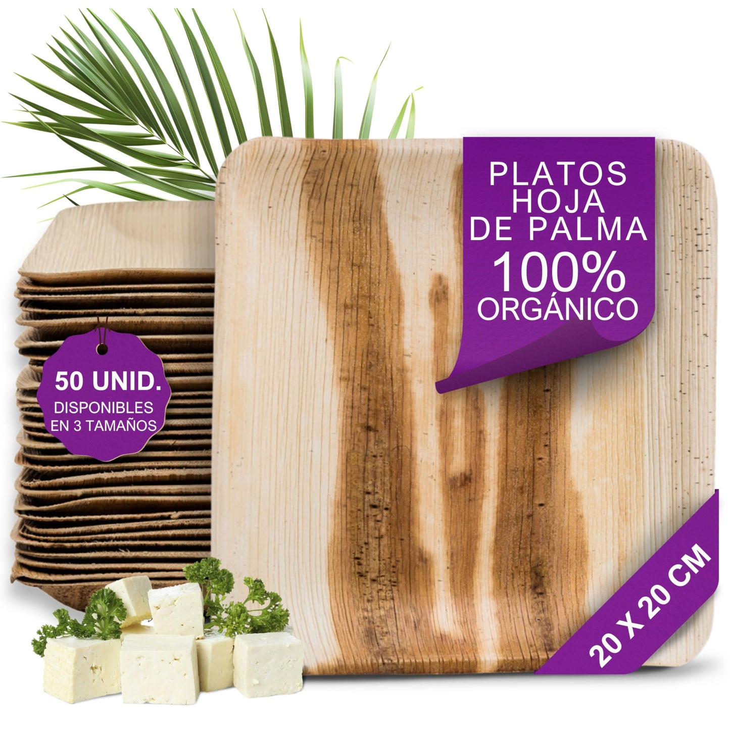 Waipur Platos Hoja de Palma Orgánicos - 25 Platos Desechables Cuadrados 25x25 cm -