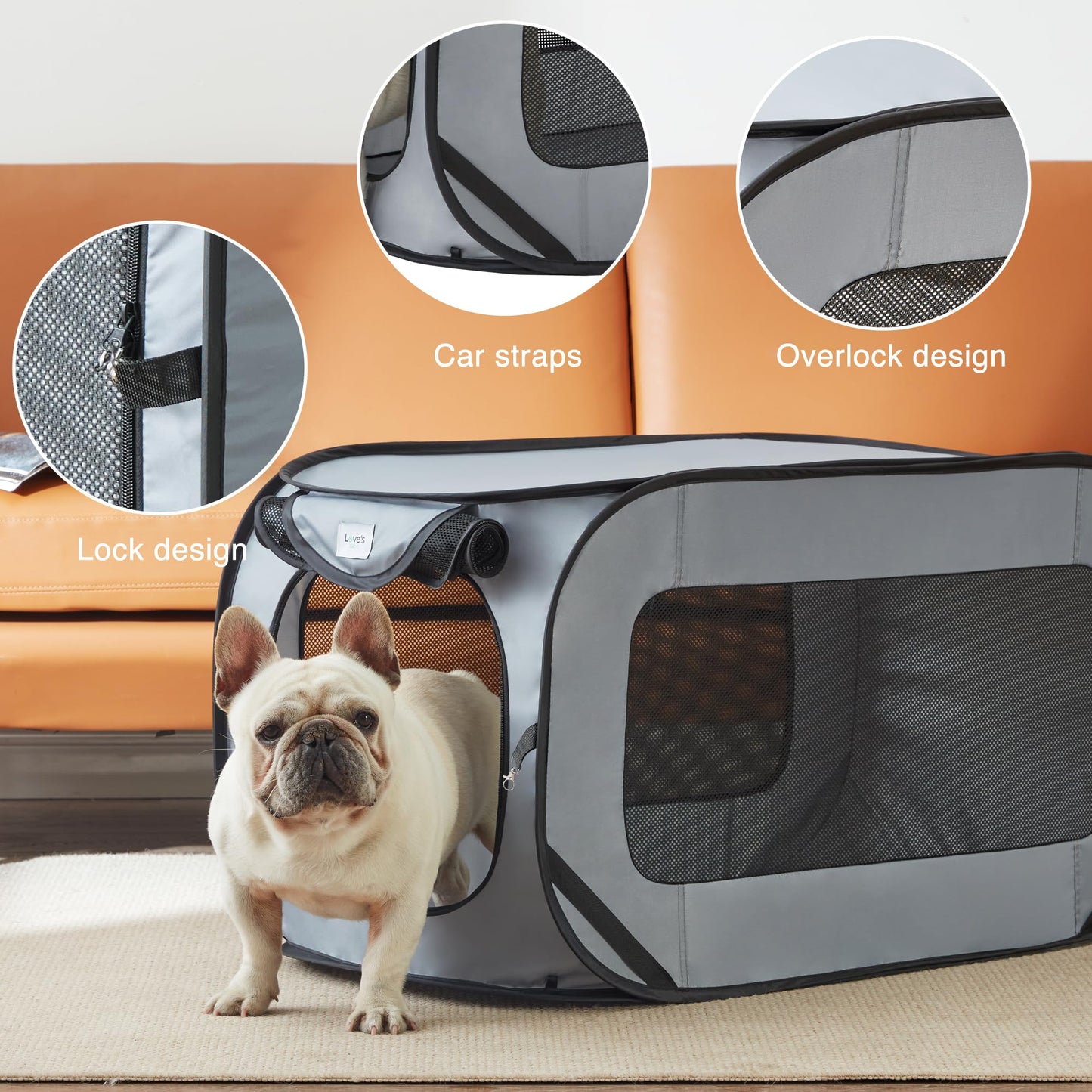 Love's cabin 36in Portable Large Dog Bed - Pop Up Dog Kennel, Indoor Outdoor Crate for Pets, Portable Car Seat Kennel, Cat Bed Collection, Grey