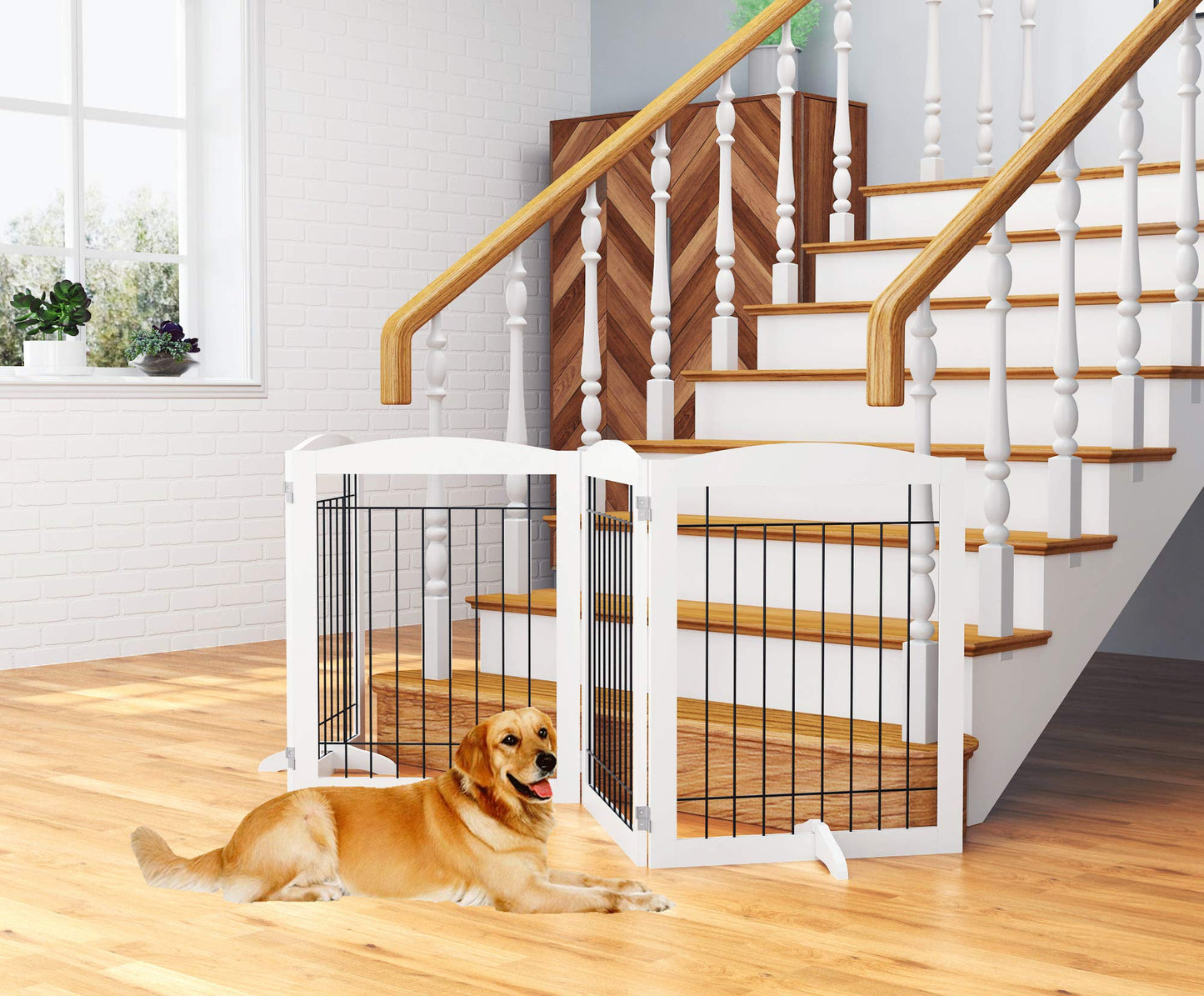 PAWLAND 144-inch Extra Wide 30-inches Tall Dog gate with Door Walk Through, Freestanding Wire Pet Gate for The House, Doorway, Stairs, Pet Puppy Safety Fence, Support Feet Included, Espresso,6 Panels