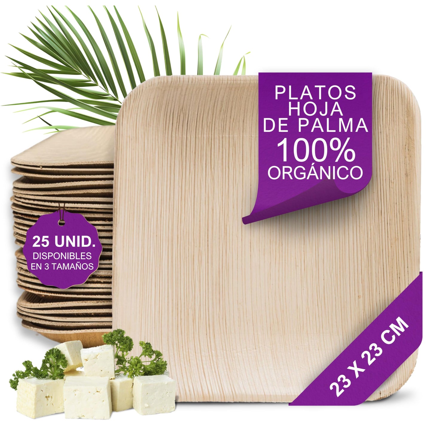 Waipur Platos Hoja de Palma Orgánicos - 25 Platos Desechables Cuadrados 25x25 cm -
