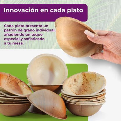 GoBeTree 25 Cuencos Hoja de Palma Redondos de 430ml, ecológicos, Cuencos rústicos y elegantes para barbacoas, picnic y Fiesta de cumpleaños. Cuencos similares al bambú.
