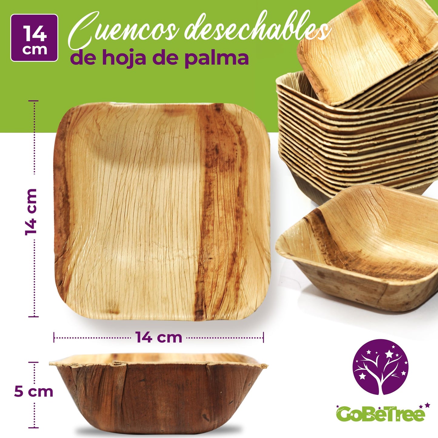GoBeTree 25 Cuencos Hoja de Palma Redondos de 430ml, ecológicos, Cuencos rústicos y elegantes para barbacoas, picnic y Fiesta de cumpleaños. Cuencos similares al bambú.