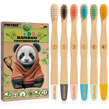 New Kids Bamboo Toothbrushes - 6 Pack, Organic Soft Bristle Toothbrush for Kids, Biodegradable Children's Toothbrushes (Toddler Toothbrush Ages 3-12, Multicolor)