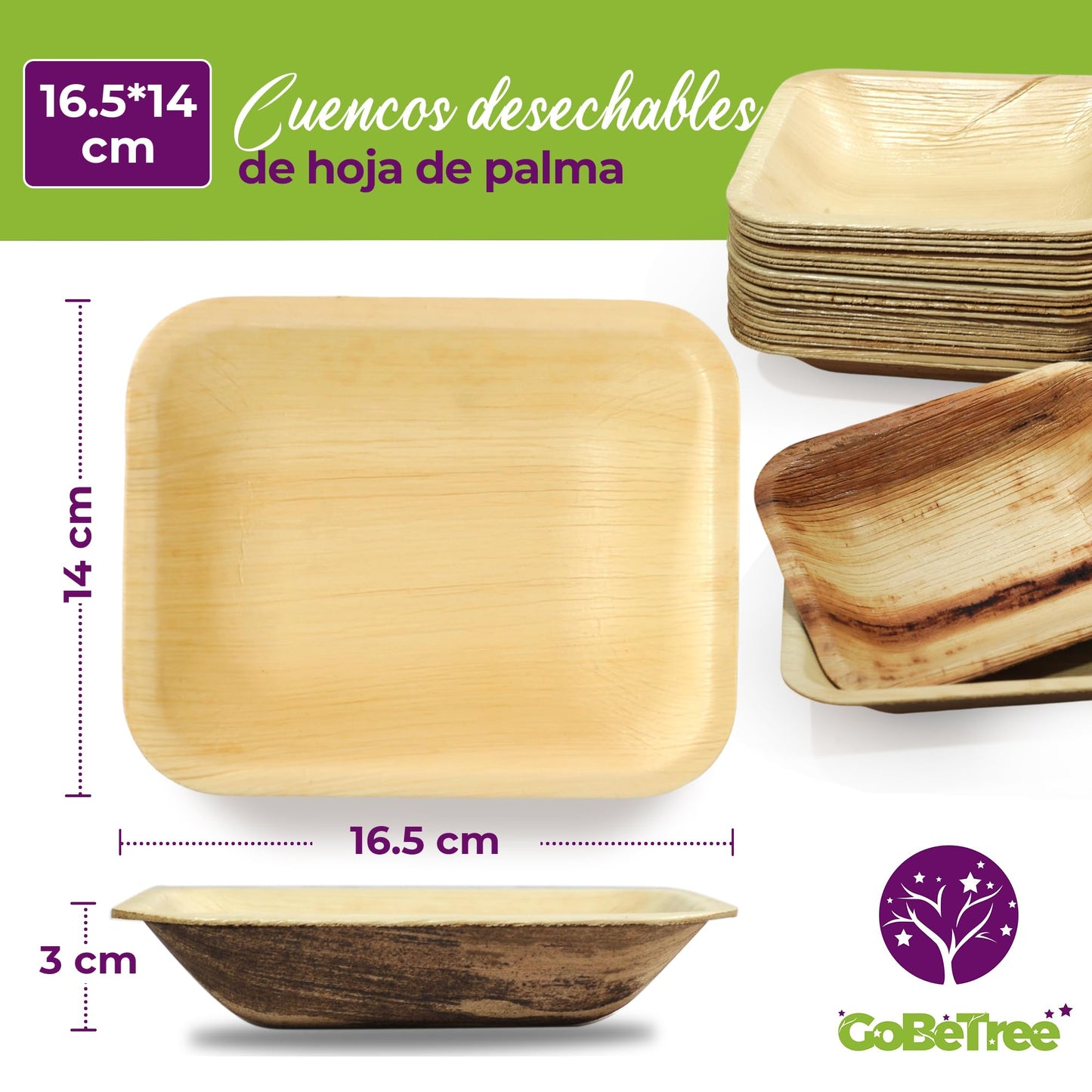 GoBeTree 25 Cuencos Hoja de Palma Redondos de 430ml, ecológicos, Cuencos rústicos y elegantes para barbacoas, picnic y Fiesta de cumpleaños. Cuencos similares al bambú.