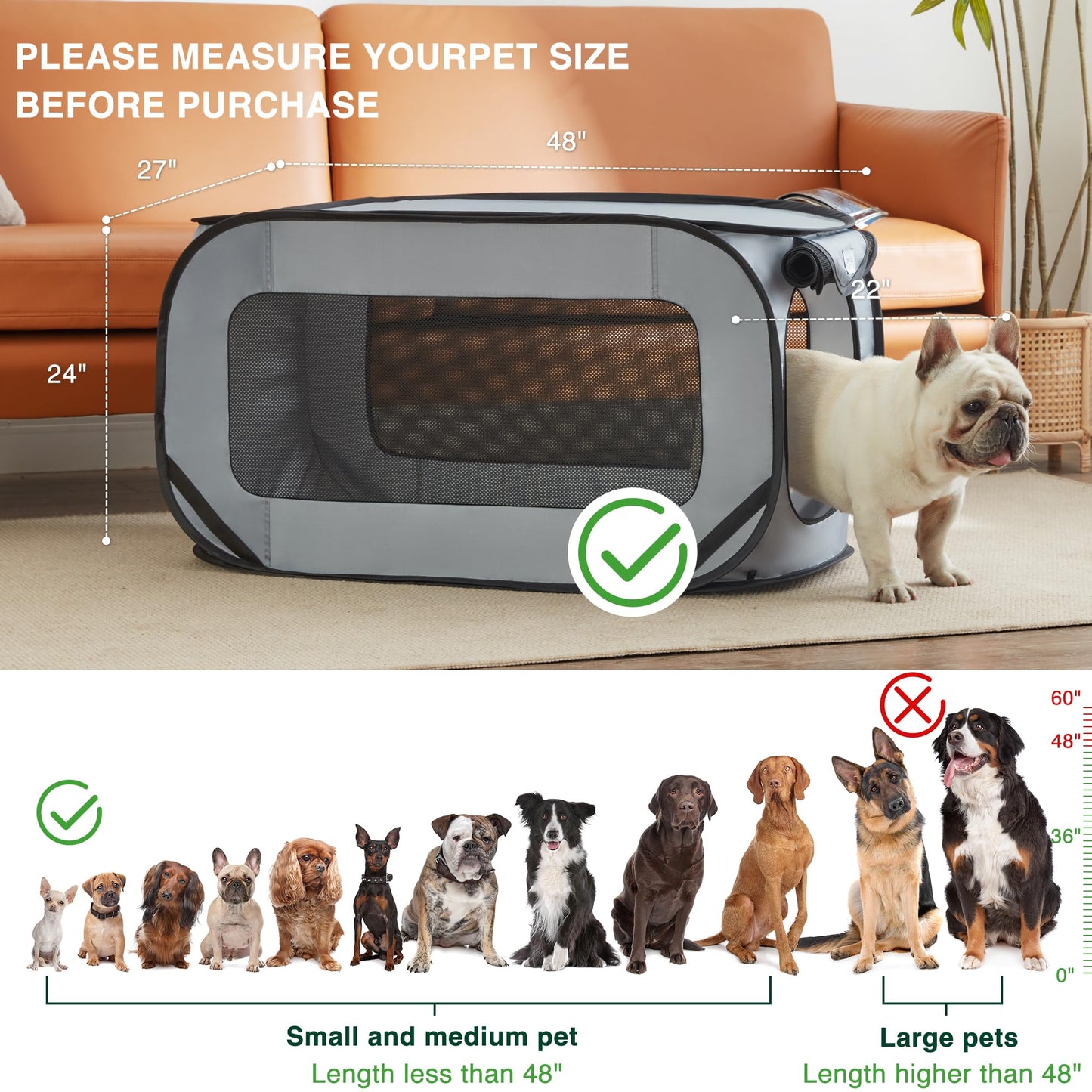 Love's cabin 36in Portable Large Dog Bed - Pop Up Dog Kennel, Indoor Outdoor Crate for Pets, Portable Car Seat Kennel, Cat Bed Collection, Grey