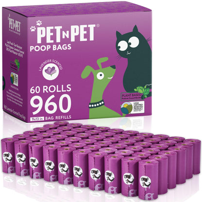 Pet N Pet Poop Bags for Dogs, 288 Counts Lavender Scented Dog Poop Bags Rolls with Leash Dispenser, USDA Certified 38% Plant Based & 62% PE Dogs Waste Bag, Doggie Poo Bag