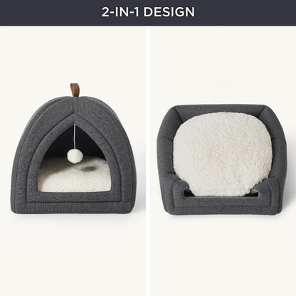Bedsure Cat Beds for Indoor - 2 in 1 Cat Cave House Tent for Kittens and Small Pets with Removable Washable Cushioned Pillow, Foldable Kitten Hideaway with Non-Slip Bottom, Grey, 16 inches