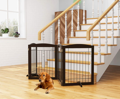 PAWLAND 144-inch Extra Wide 30-inches Tall Dog gate with Door Walk Through, Freestanding Wire Pet Gate for The House, Doorway, Stairs, Pet Puppy Safety Fence, Support Feet Included, Espresso,6 Panels