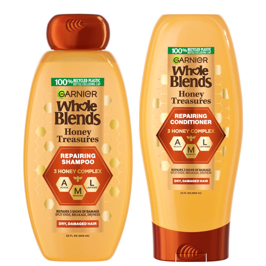 Garnier Whole Blends Honey Treasures Repairing Shampoo, for Dry, Damaged Hair, 22 Fl Oz, 2 Count (Packaging May Vary)