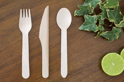FOOGO Green Juego de cubiertos de madera desechables | 50 tenedores, 50 cucharas, 50 cuchillos | Compostables biodegradables| Juego de cubiertos ecológicos | pícnic de fiesta