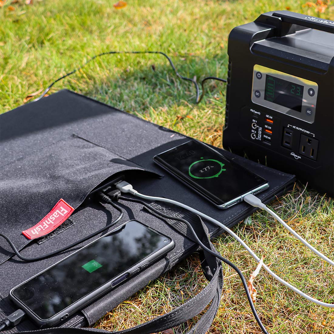 Foldable Solar Panel, FF FLASHFISH 18V/60W Portable Solar Charger Charge for Portable Power Station, Phone, Laptop, with DC Output, 45W USB-C, QC3.0 Port When Camping Fishing Van RV Road Trip