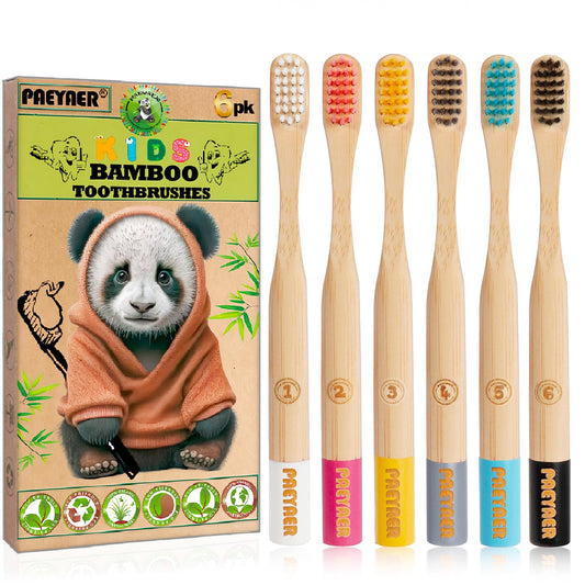New Kids Bamboo Toothbrushes - 6 Pack, Organic Soft Bristle Toothbrush for Kids, Biodegradable Children's Toothbrushes (Toddler Toothbrush Ages 3-12, Multicolor)
