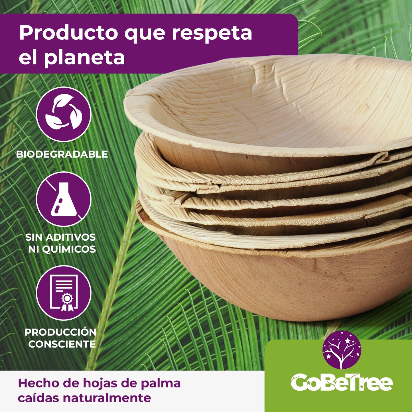 GoBeTree 25 Cuencos Hoja de Palma Redondos de 430ml, ecológicos, Cuencos rústicos y elegantes para barbacoas, picnic y Fiesta de cumpleaños. Cuencos similares al bambú.