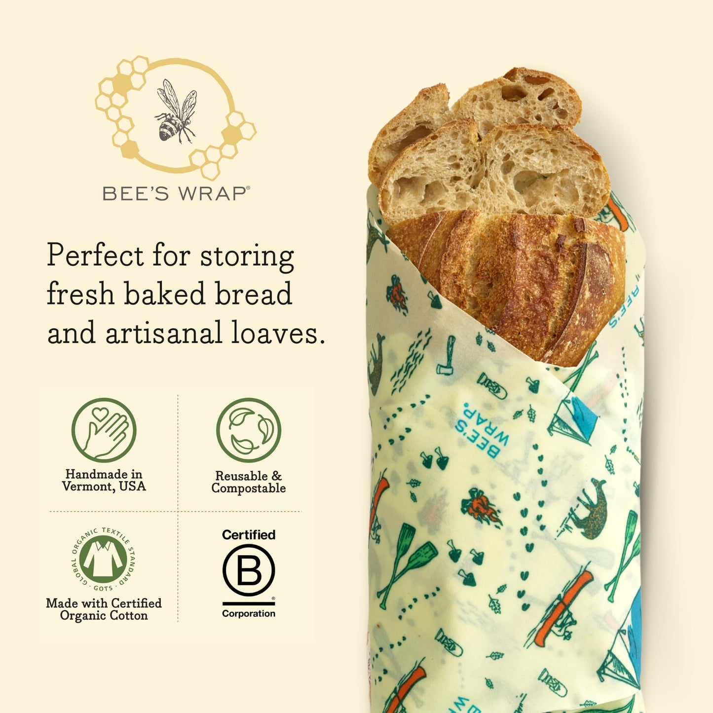 Bee's Wrap Reusable Vegan Alternative to Beeswax Food Wraps, Made in the USA, Eco Friendly Food Wraps, Sustainable Food Storage Containers, Organic Food Wraps, Bread Wrap for Homemade Bread, Vegan