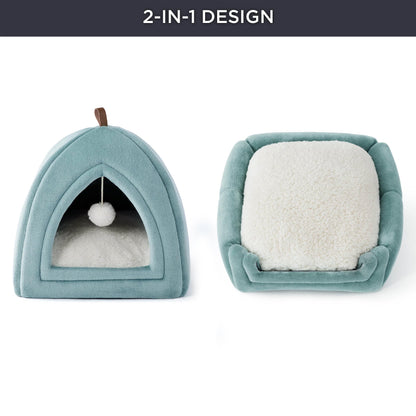 Bedsure Cat Beds for Indoor - 2 in 1 Cat Cave House Tent for Kittens and Small Pets with Removable Washable Cushioned Pillow, Foldable Kitten Hideaway with Non-Slip Bottom, Grey, 16 inches
