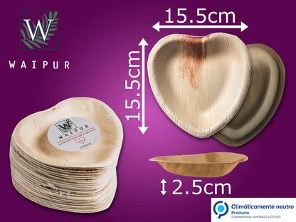 Waipur Platos Hoja de Palma Orgánicos - 25 Platos Desechables en Forma de Corazón - 10 cm - Vajilla Ecológica Premium, Estable, Natural y Biodegradable - Platos Cocktail Elegantes
