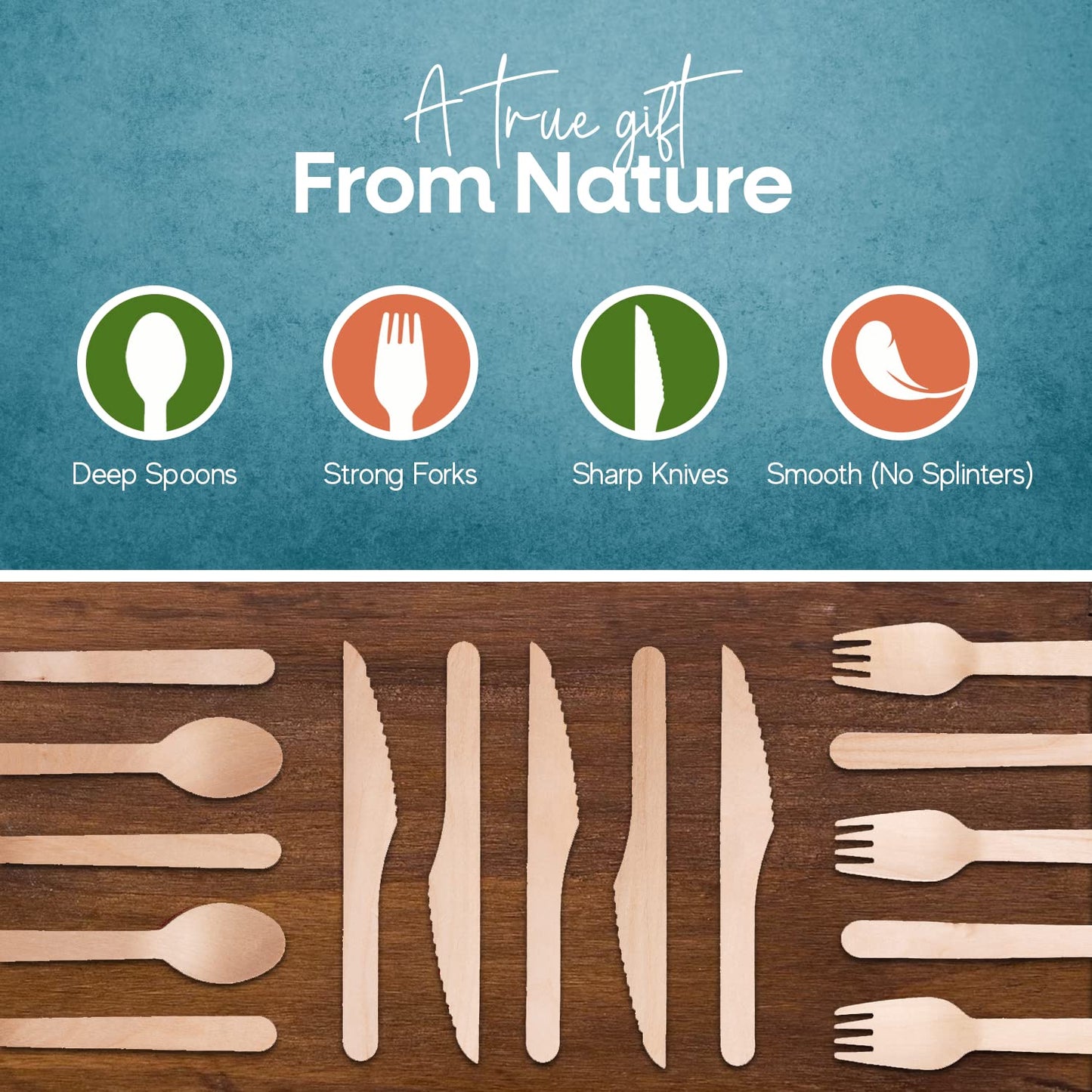 FOOGO Green Juego de cubiertos de madera desechables | 50 tenedores, 50 cucharas, 50 cuchillos | Compostables biodegradables| Juego de cubiertos ecológicos | pícnic de fiesta