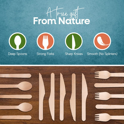 FOOGO Green Juego de cubiertos de madera desechables | 50 tenedores, 50 cucharas, 50 cuchillos | Compostables biodegradables| Juego de cubiertos ecológicos | pícnic de fiesta