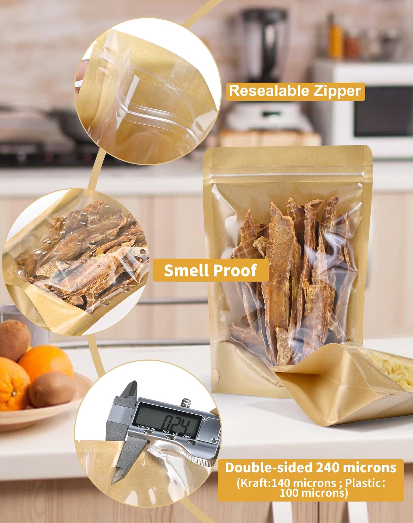 FireKylin 100 PCS Stand Up Pouches,3.5"x5.5" Kraft Bags With Window Clear Fornt Pouches Resealable Zip Lock Food Storage Brown