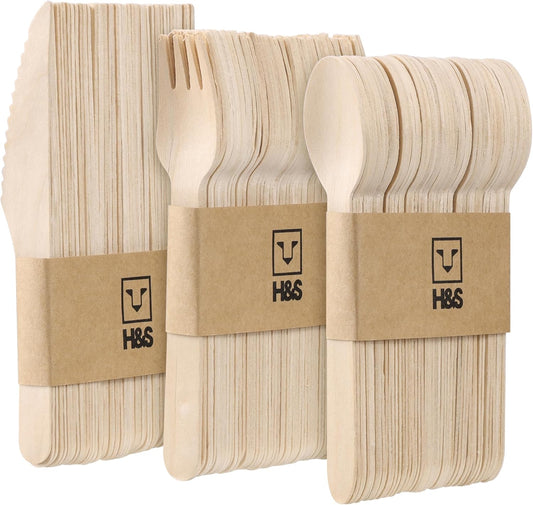 H&S Set de Cuberteria Desechable - 150x Cubiertos de Madera Desechables - 50x Cucharas 50x Tenedores y 50x Cuchillos - Vajilla Elegante para Llevar - para Fiestas y Camping