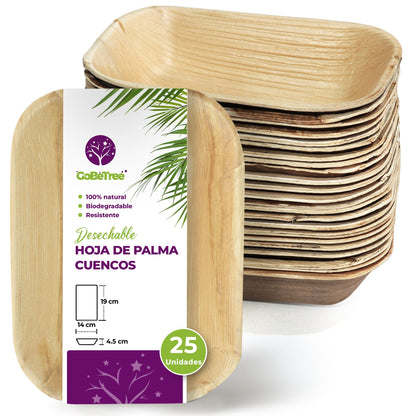 GoBeTree 25 Cuencos Hoja de Palma Redondos de 430ml, ecológicos, Cuencos rústicos y elegantes para barbacoas, picnic y Fiesta de cumpleaños. Cuencos similares al bambú.