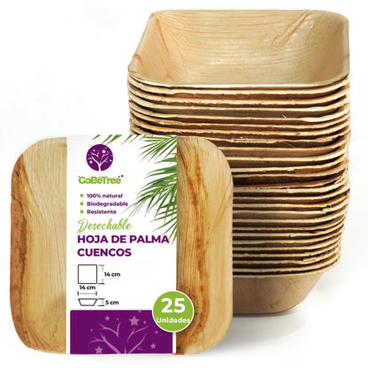 GoBeTree 25 Cuencos Hoja de Palma Redondos de 430ml, ecológicos, Cuencos rústicos y elegantes para barbacoas, picnic y Fiesta de cumpleaños. Cuencos similares al bambú.