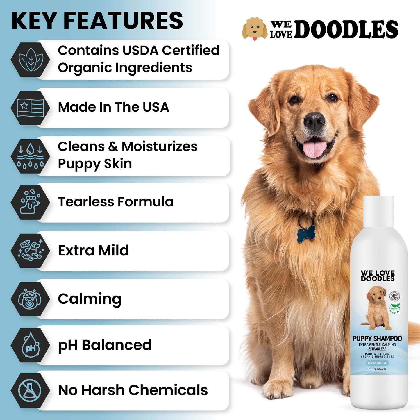 Puppy Shampoo & Conditioner | Made in USA | Organic Ingredients | Tear Free | Best Shampoo for Puppies | Sensitive & Itchy Skin Wash | Oatmeal Bathing | Tearless, Ocean Breeze, 8oz [We Love Doodles]