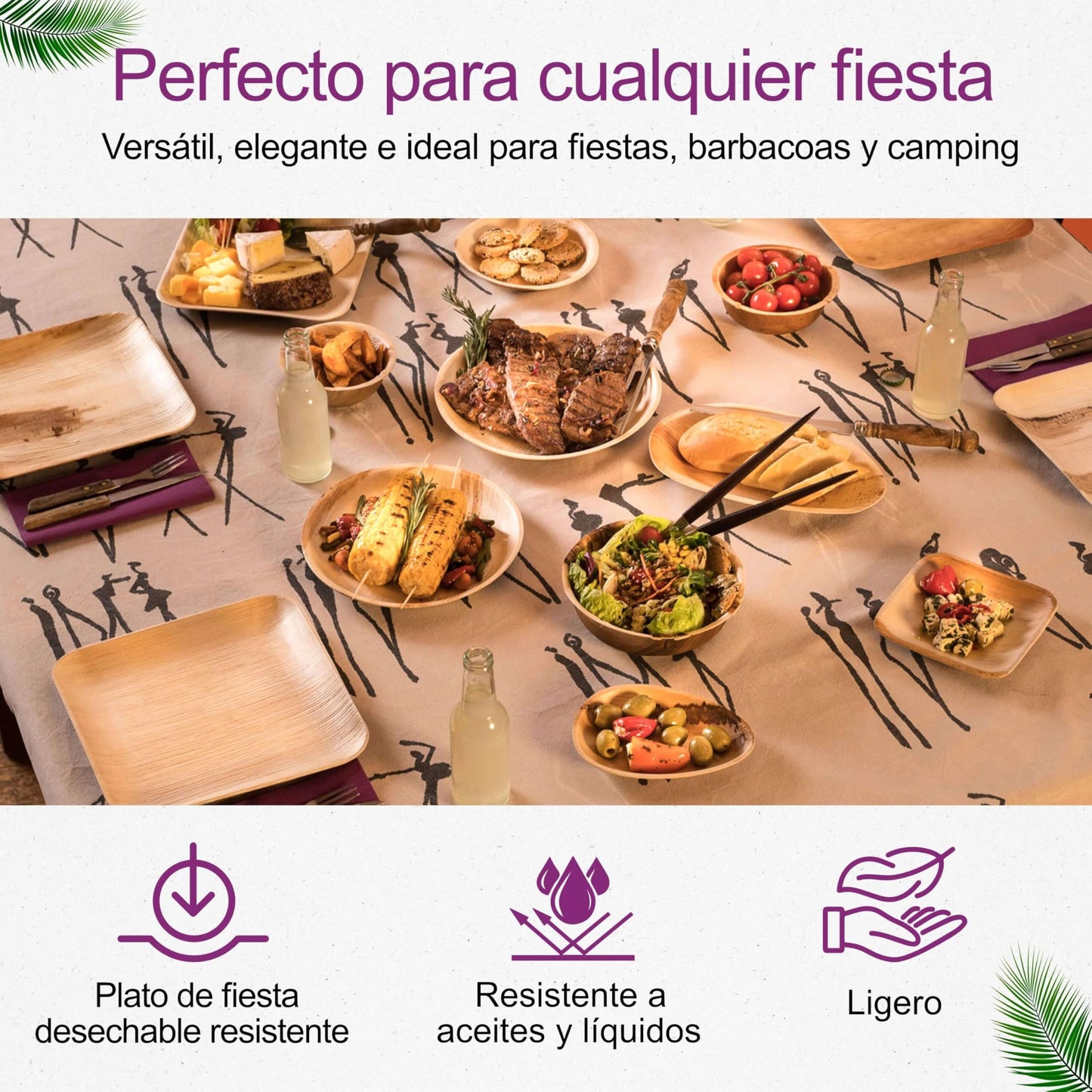 Waipur Platos Hoja de Palma Orgánicos - 25 Platos Desechables Cuadrados 25x25 cm -