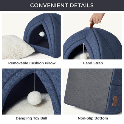 Bedsure Cat Beds for Indoor - 2 in 1 Cat Cave House Tent for Kittens and Small Pets with Removable Washable Cushioned Pillow, Foldable Kitten Hideaway with Non-Slip Bottom, Grey, 16 inches