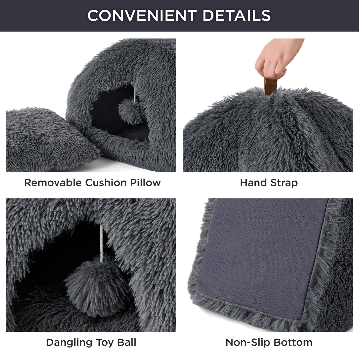 Bedsure Cat Beds for Indoor - 2 in 1 Cat Cave House Tent for Kittens and Small Pets with Removable Washable Cushioned Pillow, Foldable Kitten Hideaway with Non-Slip Bottom, Grey, 16 inches