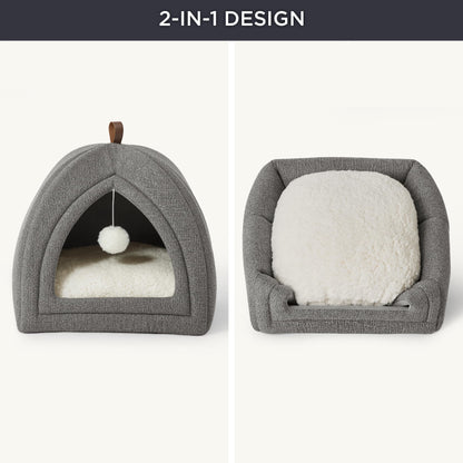 Bedsure Cat Beds for Indoor - 2 in 1 Cat Cave House Tent for Kittens and Small Pets with Removable Washable Cushioned Pillow, Foldable Kitten Hideaway with Non-Slip Bottom, Grey, 16 inches