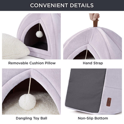 Bedsure Cat Beds for Indoor - 2 in 1 Cat Cave House Tent for Kittens and Small Pets with Removable Washable Cushioned Pillow, Foldable Kitten Hideaway with Non-Slip Bottom, Grey, 16 inches