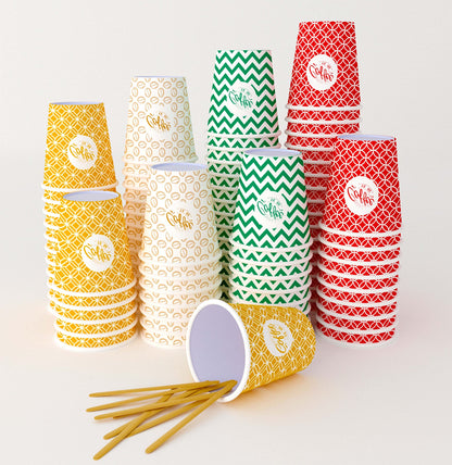 SARA 7 Onsaz,200 Multicolor Vasos de Cartón con Agitadores de Madera,Ecológicos y Desechables,Resistentes Al Calor, Ideales para Café,Té,Cumpleaños,Etc.