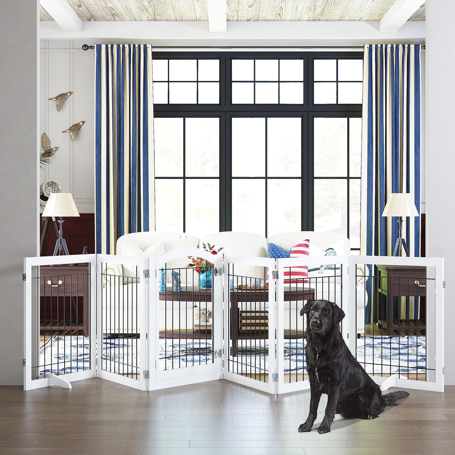 PAWLAND 144-inch Extra Wide 30-inches Tall Dog gate with Door Walk Through, Freestanding Wire Pet Gate for The House, Doorway, Stairs, Pet Puppy Safety Fence, Support Feet Included, Espresso,6 Panels