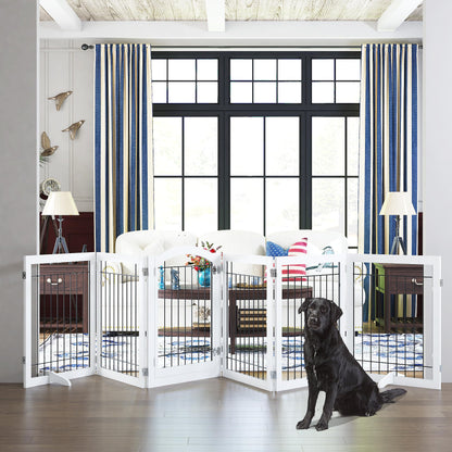 PAWLAND 144-inch Extra Wide 30-inches Tall Dog gate with Door Walk Through, Freestanding Wire Pet Gate for The House, Doorway, Stairs, Pet Puppy Safety Fence, Support Feet Included, Espresso,6 Panels