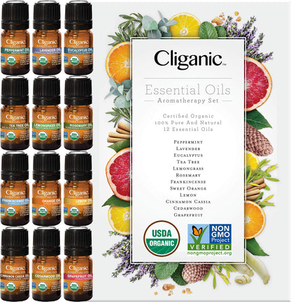 Cliganic Organic Essential Oils Set (Top 5) - 100% Pure Natural - Aromatherapy, Candle Making - Peppermint, Lavender, Eucalyptus, Lemongrass & Orange (Packaging May Vary)