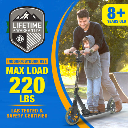 SereneLife Kick Scooter Adult Teenagers Kids- 2 Wheel Kids Scooter with Adjustable T-Bar Handlebar - Alloy Anti-Slip Deck - Portable Folding Scooters for Kids with Carrying Strap