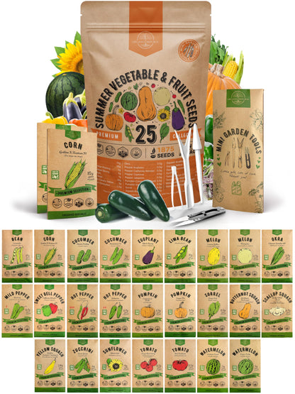 25 Summer Vegetable & Fruit Seeds Variety Pack - 1,870+ Non-GMO Heirloom Veggie & Fruits Seeds for Outdoors and Indoor Home Gardening, Including Collards, Tomato, Pepper, Okra, Onion, Bean, Cucumber