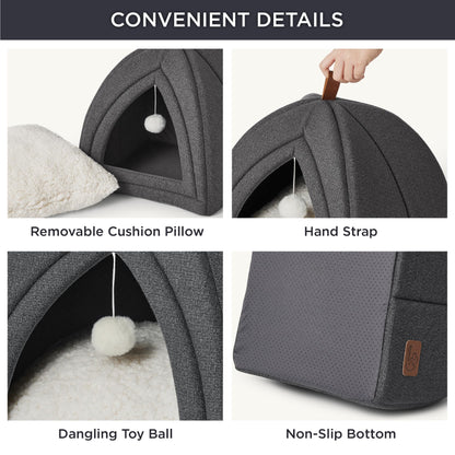 Bedsure Cat Beds for Indoor - 2 in 1 Cat Cave House Tent for Kittens and Small Pets with Removable Washable Cushioned Pillow, Foldable Kitten Hideaway with Non-Slip Bottom, Grey, 16 inches
