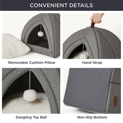 Bedsure Cat Beds for Indoor - 2 in 1 Cat Cave House Tent for Kittens and Small Pets with Removable Washable Cushioned Pillow, Foldable Kitten Hideaway with Non-Slip Bottom, Grey, 16 inches