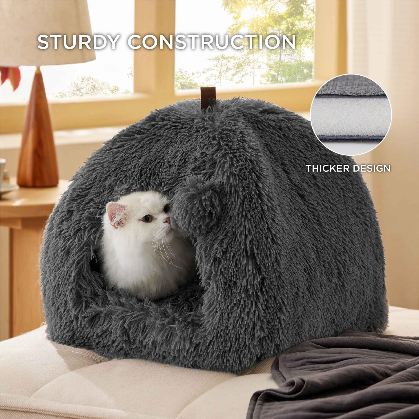 Bedsure Cat Beds for Indoor - 2 in 1 Cat Cave House Tent for Kittens and Small Pets with Removable Washable Cushioned Pillow, Foldable Kitten Hideaway with Non-Slip Bottom, Grey, 16 inches